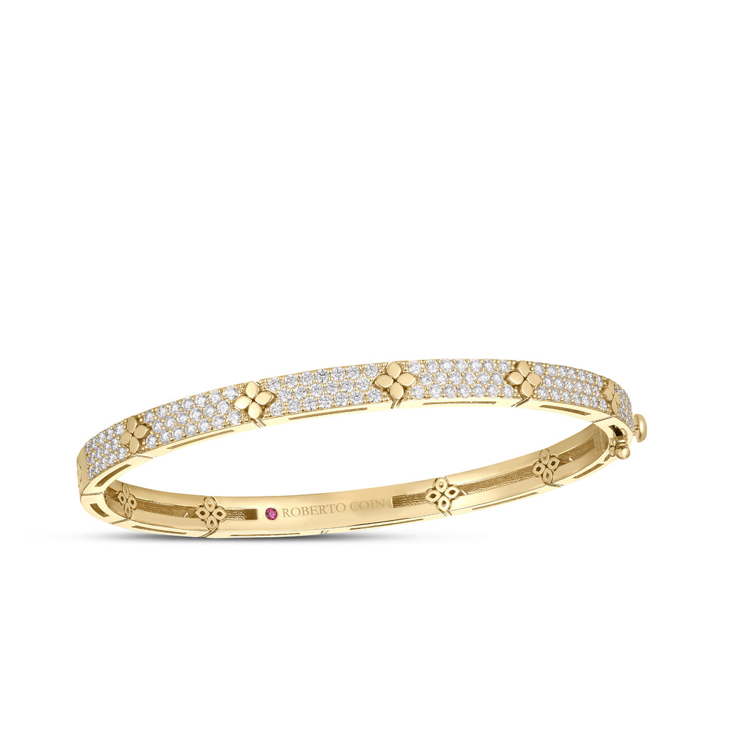 18K Yellow Gold Love In Verona Pavé Diamond & Polished Flower Narrow Bangle