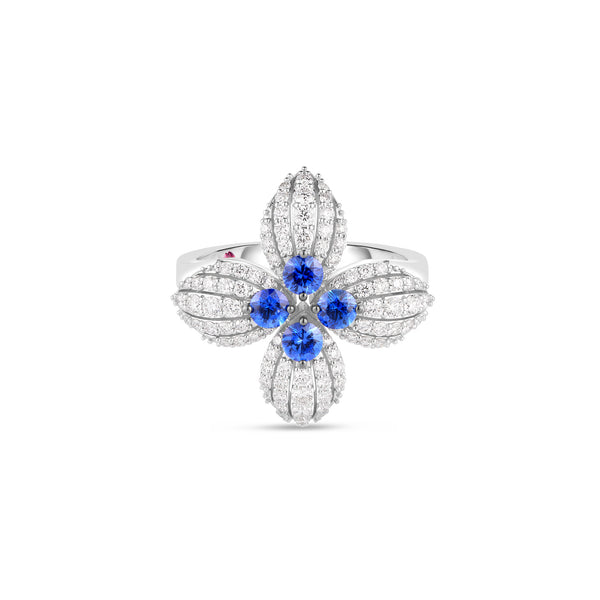 18K White Gold Love In Verona Diamond And Blue Sapphire Flower Ring
