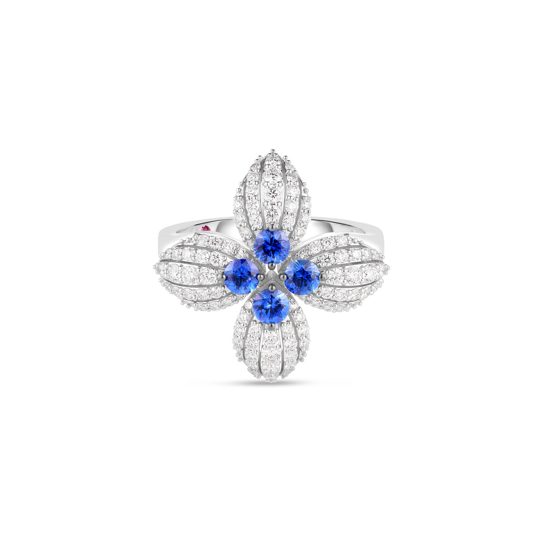 18K White Gold Love In Verona Diamond And Blue Sapphire Flower Ring