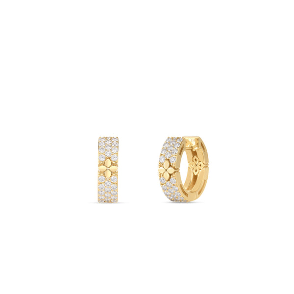 18K Yellow Gold Love in Verona Pave Diamond & Polished Flower Narrow Hoop Earrings