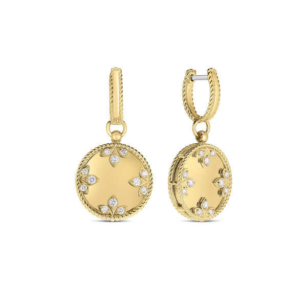18K Yellow Gold Colored Medallions Small Diamond Dangle Earrings