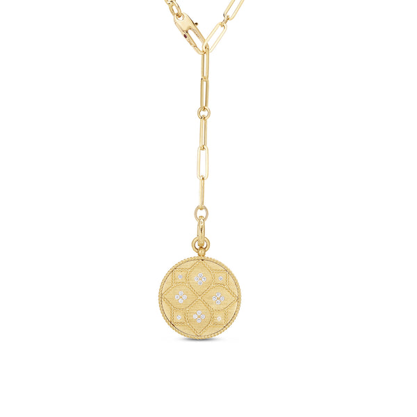 18K Venetian Princess Satin Medallion W. Diamond Flower Detail On Link Chain
