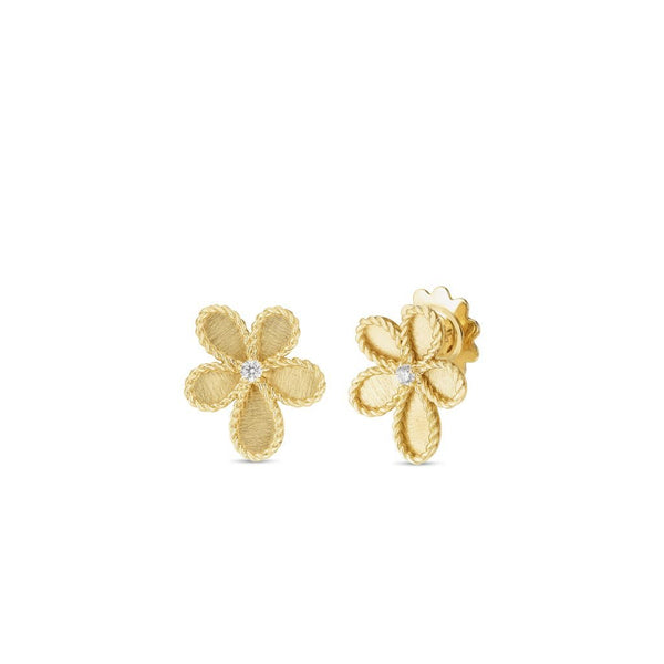 18K Yellow Gold Jasmine Diamond & Satin Finish Flower Stud Earrings