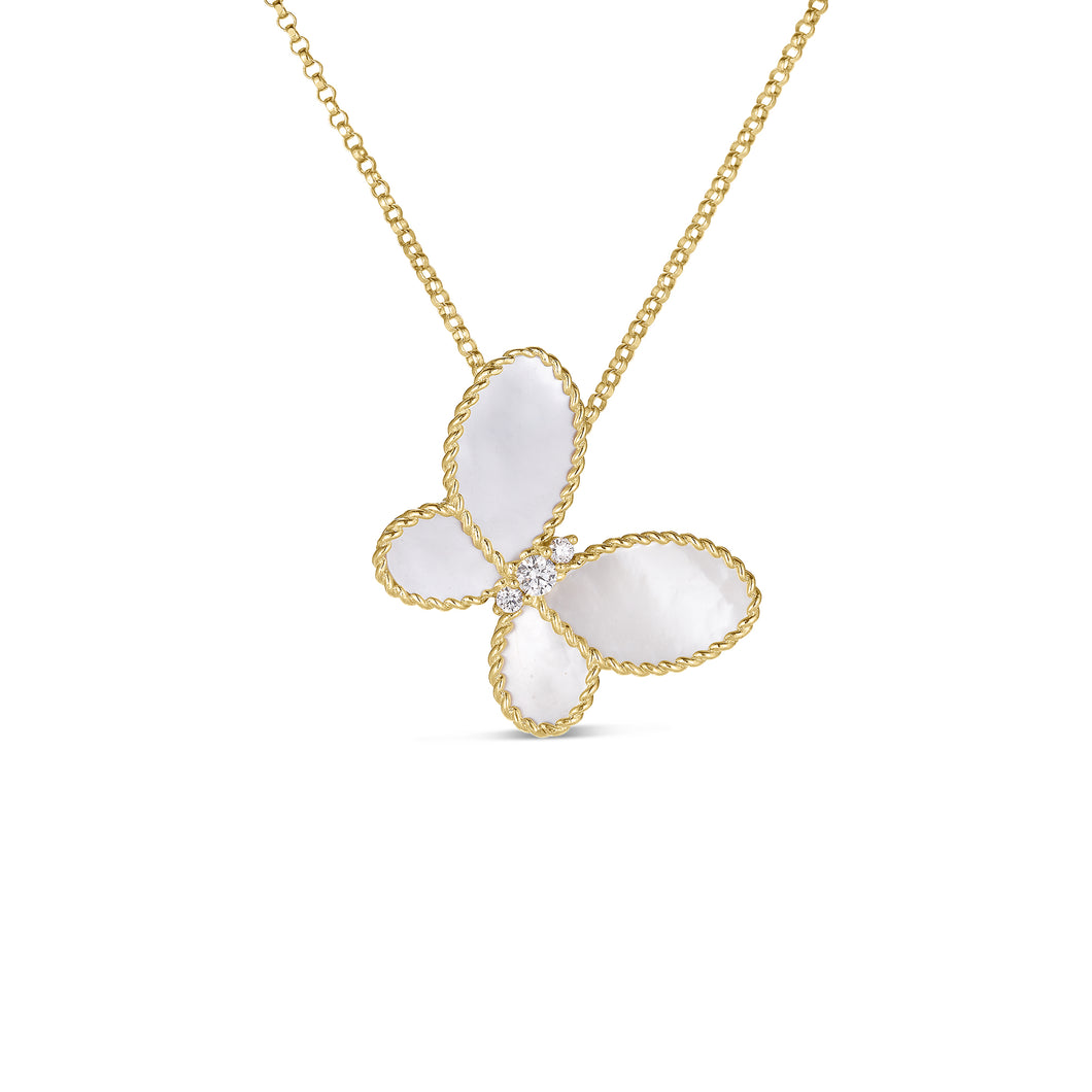 18K Yellow Gold Jasmine Diamond & Mother of Pearl Butterfly Necklace
