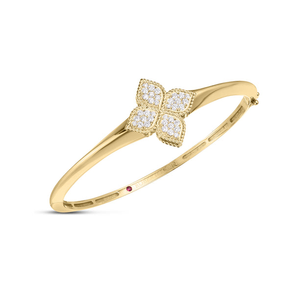 18K Yellow Gold Diamond Princess Flower Knife Edge Bangle