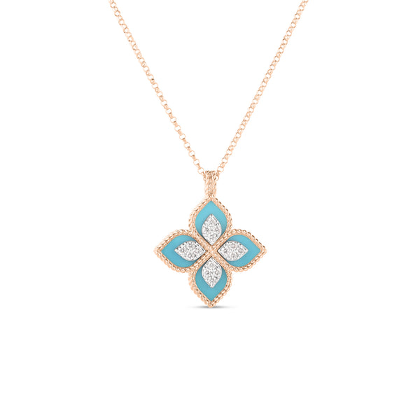 18K Rose/White Gold Venetian Princess Diamond & Turquoise Flower Necklace