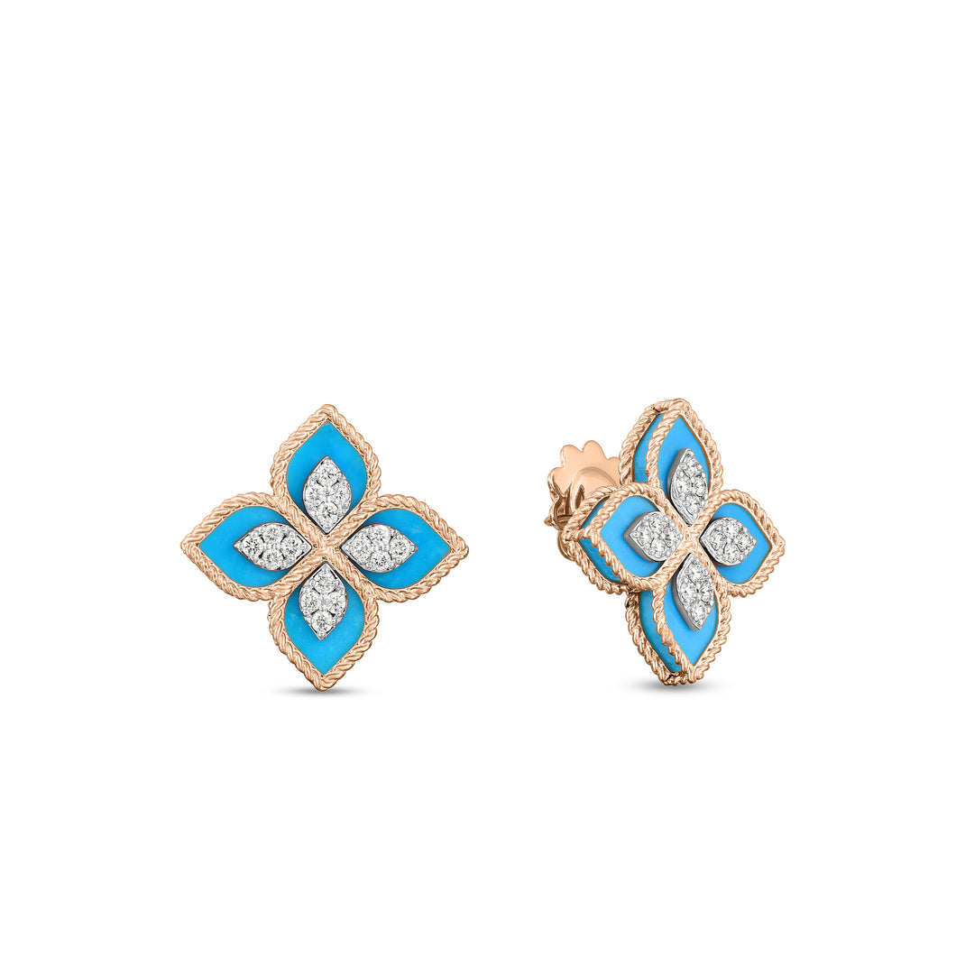 18K Rose/White Gold Venetian Princess Diamond & Turquoise Flower Earrings