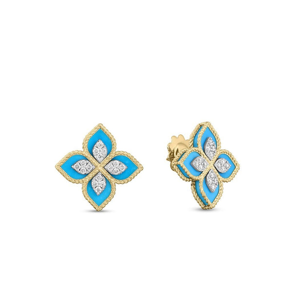 18K Yellow Gold Venetian Princess Diamond & Turquoise Flower Earrings