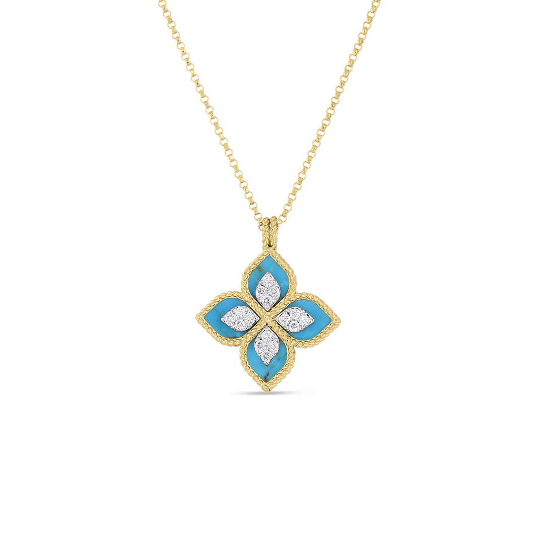 18K Yellow Gold Venetian Princess Diamond & Turquoise Flower Necklace