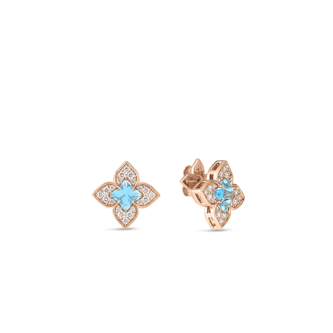 18K Rose Gold Venetian Princess Carnevale Pavé Diamond & Blue Topaz Small Flower Stud Earrings