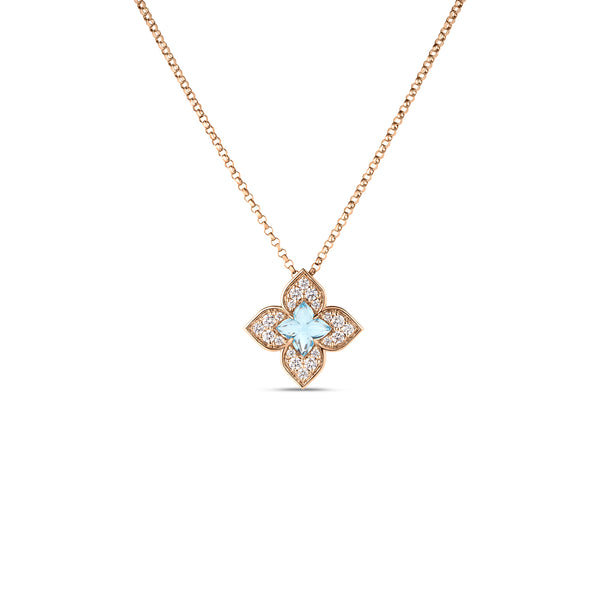18K Rose Gold Venetian Princess Carnevale Pavé Diamond & Blue Topaz Small Flower Necklace