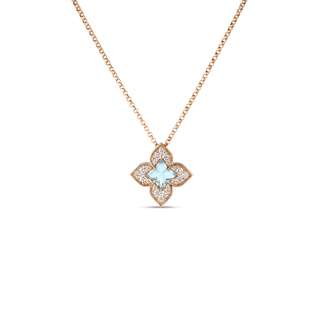 18K Rose Gold Venetian Princess Carnevale Pavé Diamond & Blue Topaz Small Flower Necklace
