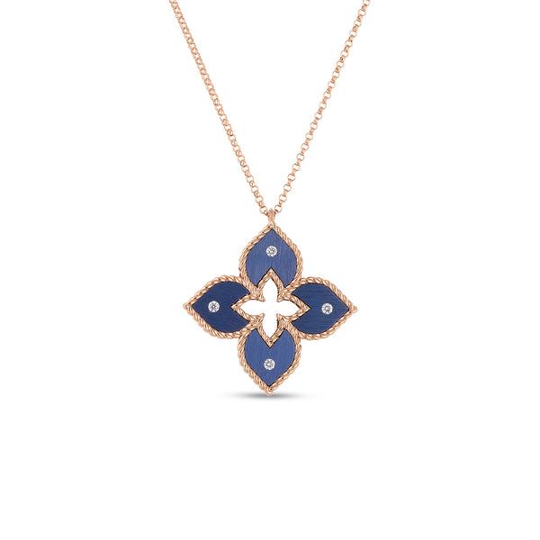 18K Rose Gold Venetian Princess Small Blue Titanium And Diamond Flower Necklace