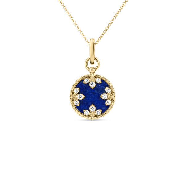 18K Yellow Gold Colored Medallions Small Diamond and Lapis Necklace