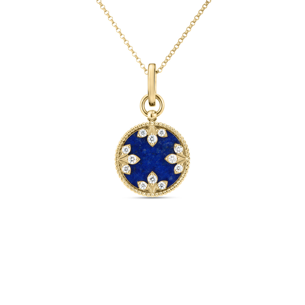 18K Yellow Gold Colored Medallions Small Diamond and Lapis Necklace