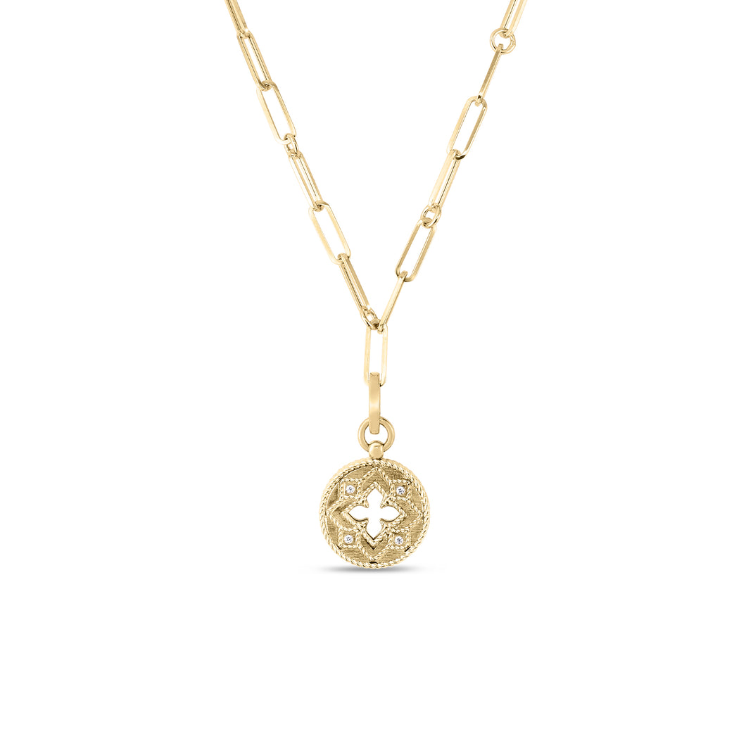 18K Yellow Gold Venetian Princess Small Medallion with Diamonds & Cutout On Paperclip Chain