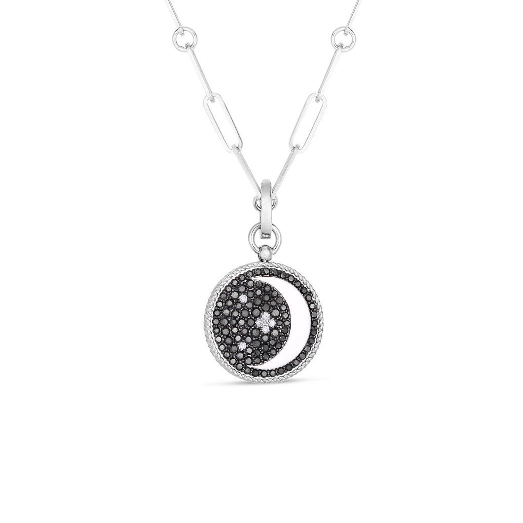 18K White Black And White Diamond Half Moon Medallion On Paperclip Chain