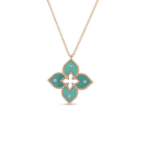 18K Rose Gold Venetian Princess Small Green Titanium And Diamond Flower Necklace