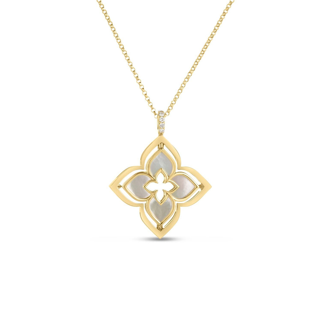 18K Yellow Gold Venetian Princess Pirouette Diamond & Mother of Pearl Flower Necklace