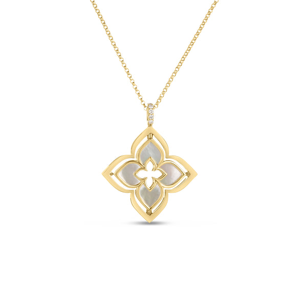 18K Yellow Gold Venetian Princess Pirouette Pave Diamond & Mother Of Pearl Flower Necklace
