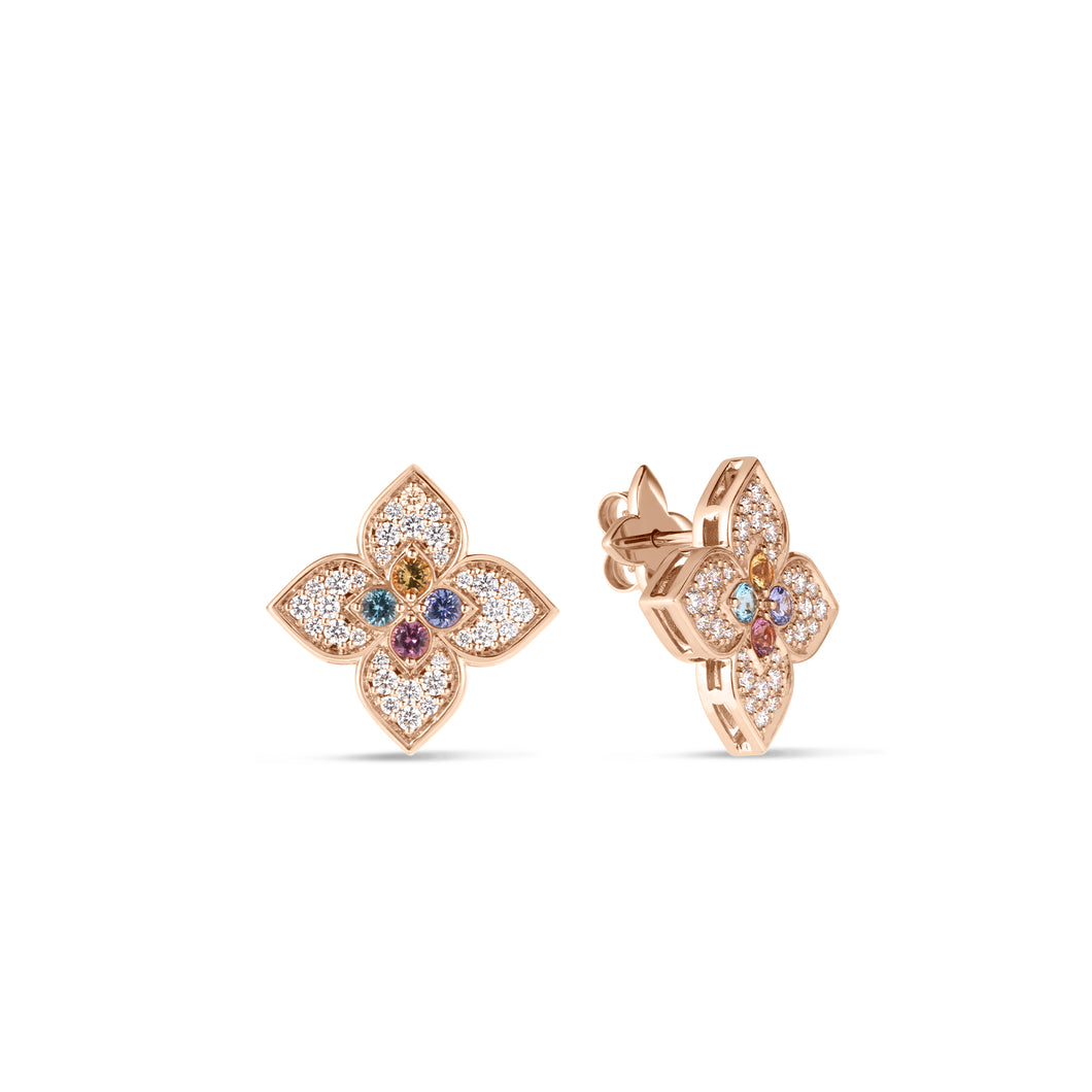 18K Rose Gold Venetian Princess Carnevale Pavé Diamond & Mixed Stones Small Flower Stud Earrings
