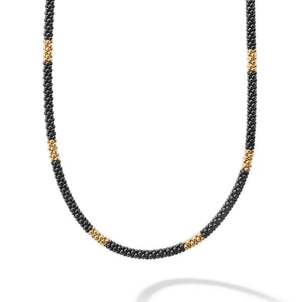 Black Caviar 3mm Gold Small Station Ceramic Beaded Necklace