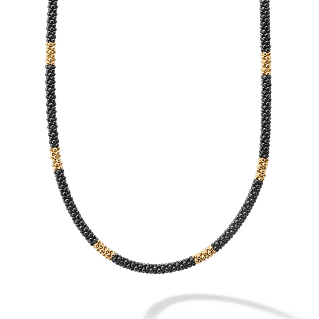 Black Caviar 3mm Gold Small Station Ceramic Beaded Necklace