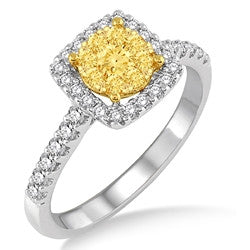 Yellow and White Diamond Cluster Ring
