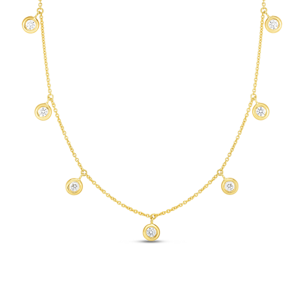 18K Yellow Gold Seven Diamond Drop Station Necklace