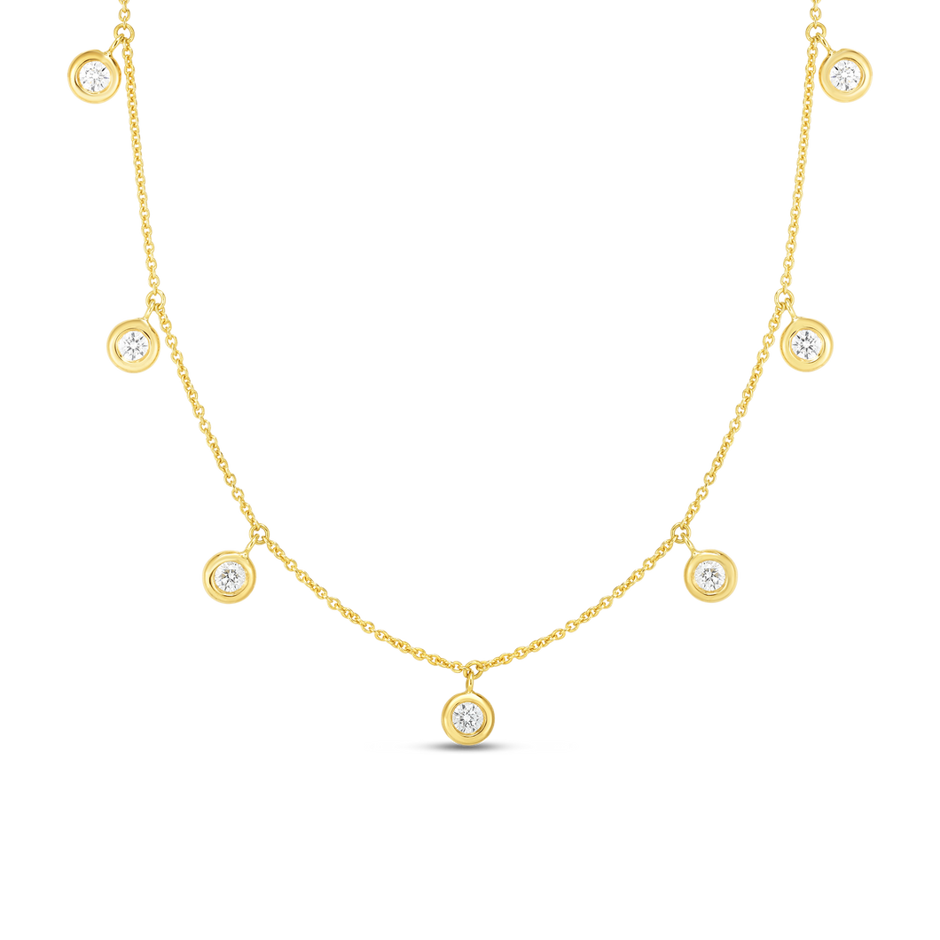 18K Yellow Gold Seven Diamond Drop Station Necklace