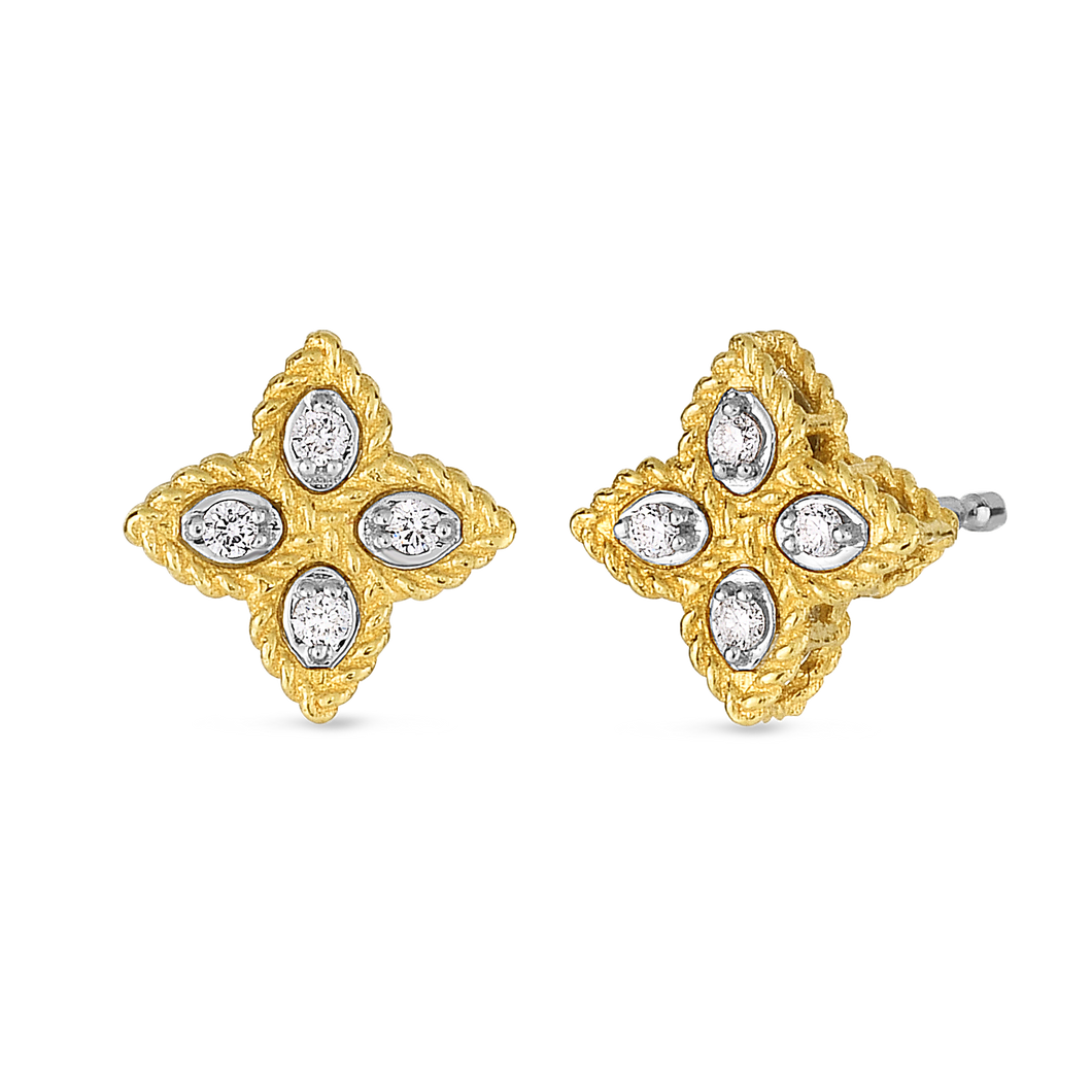 18K Yellow Gold Princess Flower Small Stud Earrings With Diamonds