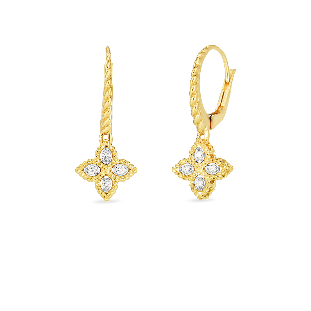 18K Yellow Gold Princess Flower Small Drop Earrings With Diamond Accents