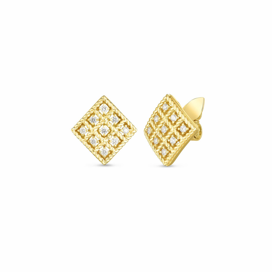 18K Yellow Gold & Diamond Byzantine Barocco Small Square Stud Earrings