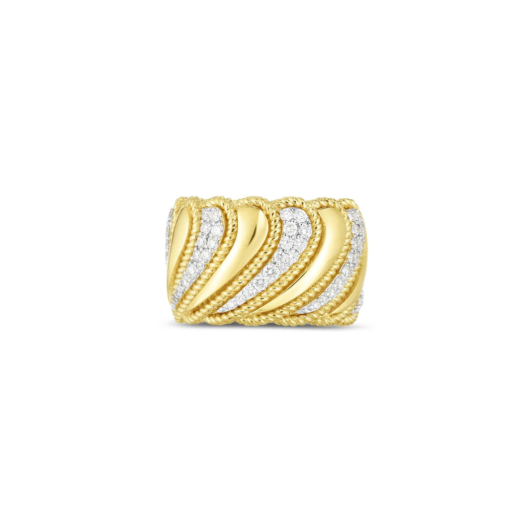 18K Yellow Gold Diamond Byzantine Barocco Wide Polished Band