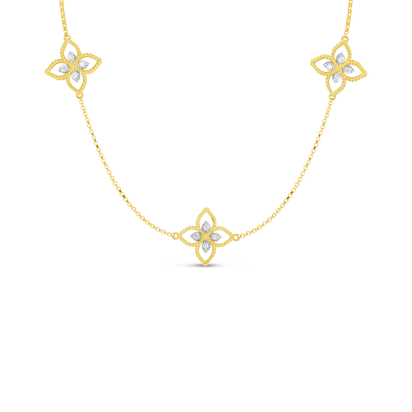 18K Yellow Gold Princess Flower 3 Station Necklace With Diamonds