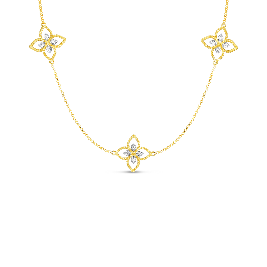18K Yellow Gold Princess Flower 3 Station Necklace With Diamonds