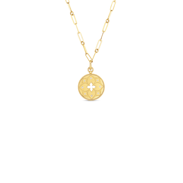 18K Yellow Gold Venetian Princess Satin Medallion With Flower Cutout & Diamond Accent On Chain
