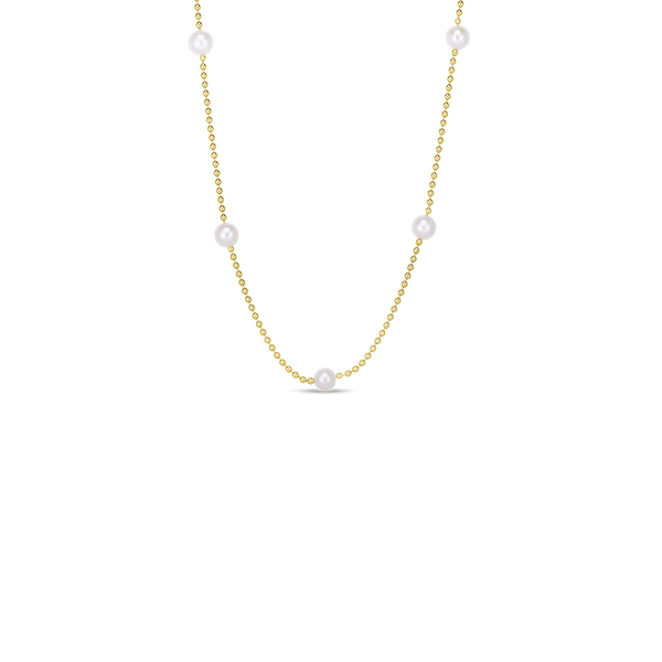 18K Yellow Gold Pearl & Gold Bead Station Necklace On Bead Chain