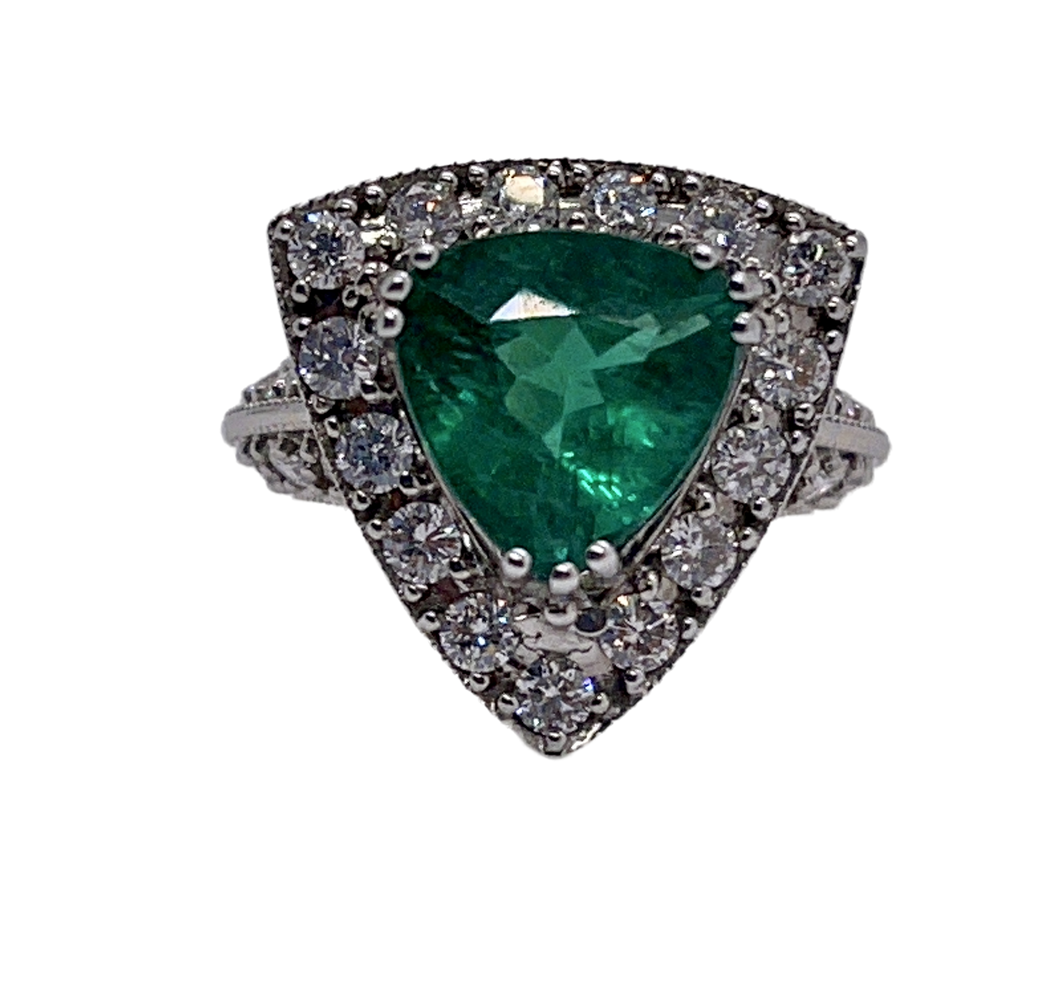 14K White Gold Emerald Trillion Ring With Diamonds