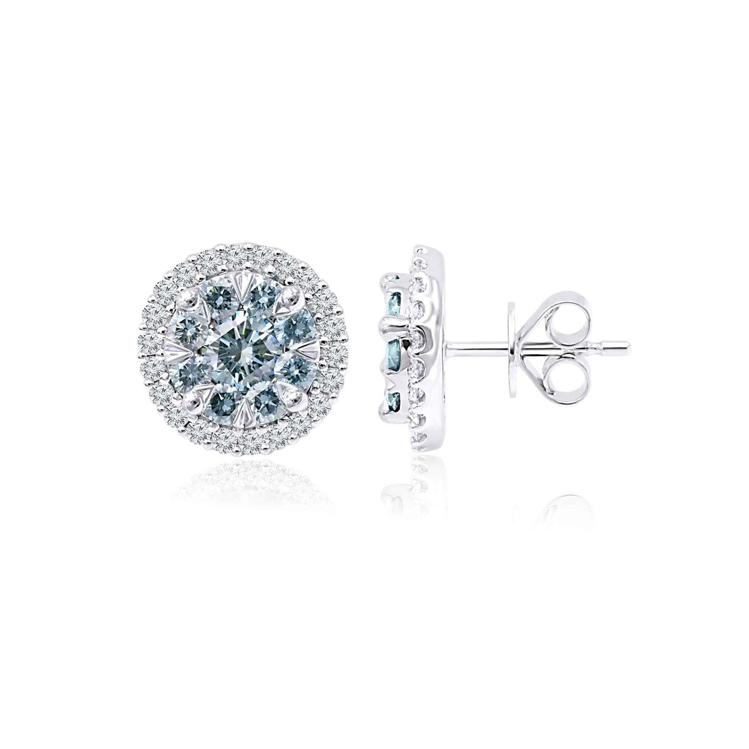 1.85CTTW Ice Blue and White Lab-Created Diamond Double Halo Stud Earrings in 14K White Gold