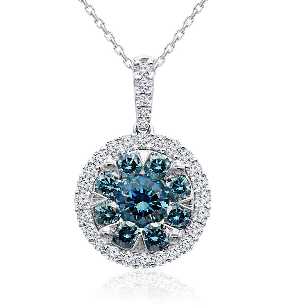 1.60CT TW Lab-Created Royal Blue & White Diamond Cluster Halo Pendant on Chain in 14K White Gold