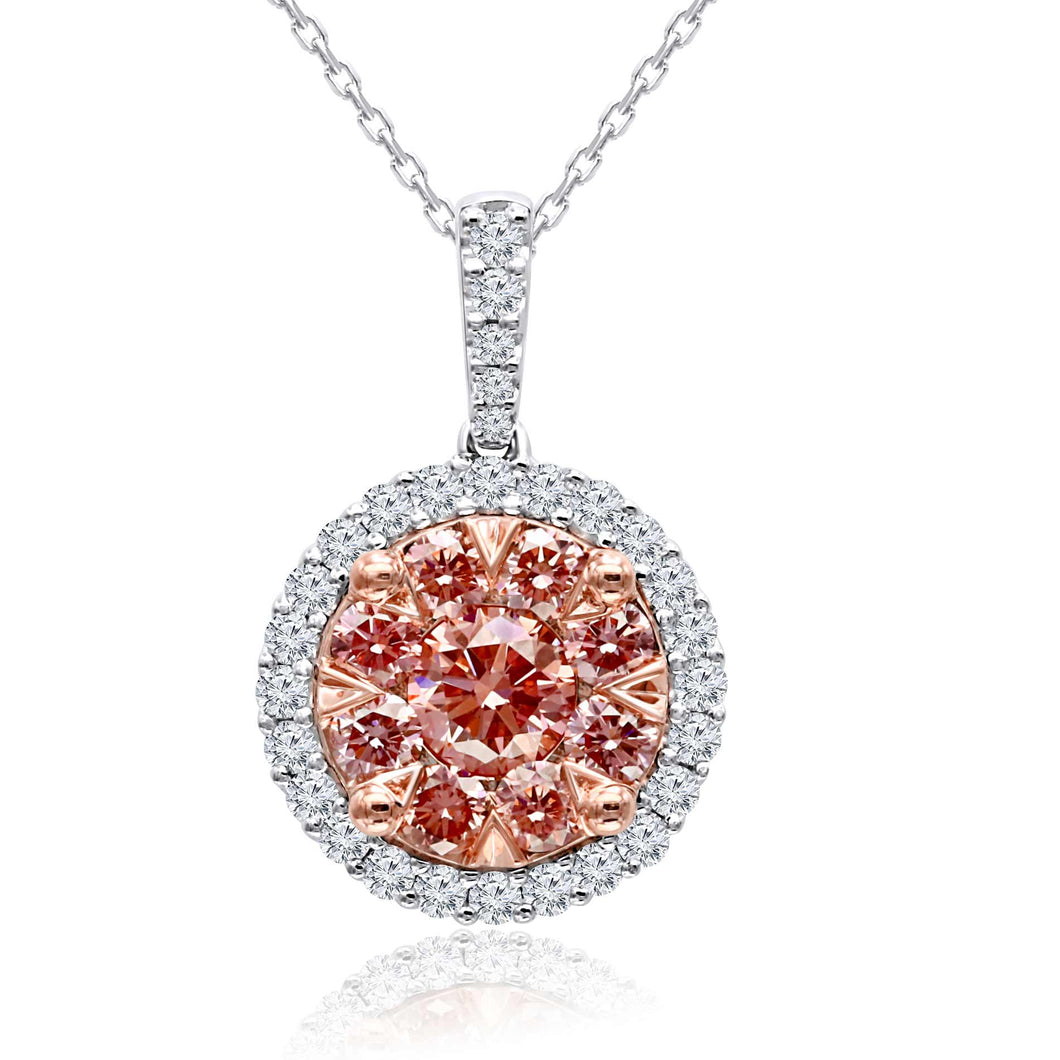 1.55CT TW Lab-Created Pink & White Diamond Cluster Halo Pendant on Chain in 14K White Gold