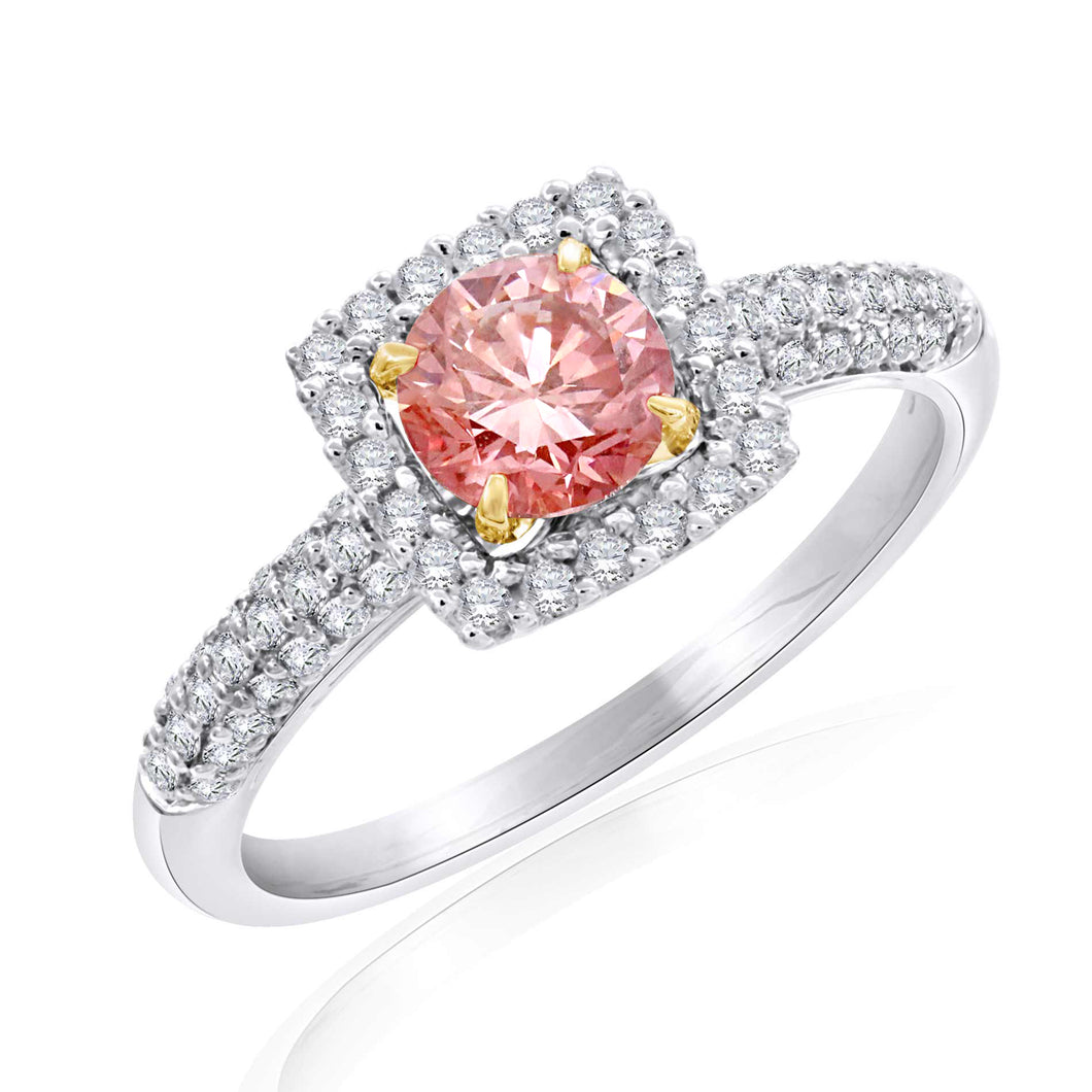 0.90CTTW Pink and White Lab-Created Diamond Square Halo Ring in 14K White & Rose Gold