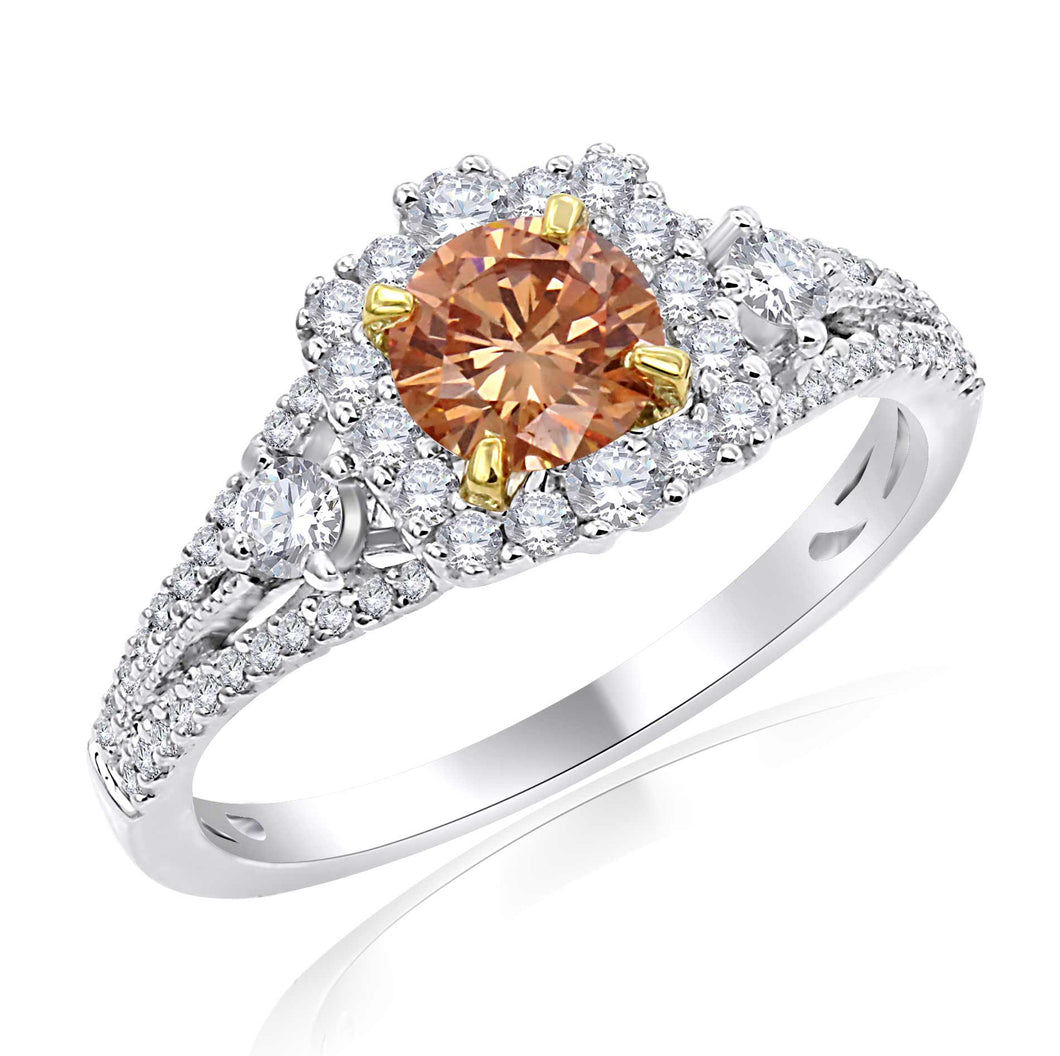 1.00CTTW Orange and White Lab-Created Diamond Square Halo Ring in 14K White & Yellow Gold
