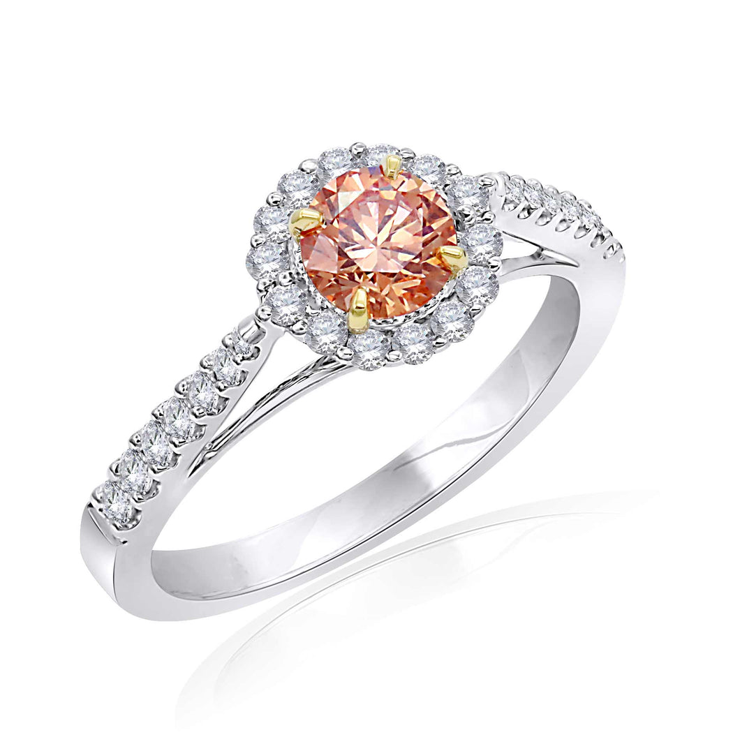 0.85CTTW Orange and White Lab-Created Diamond Halo Ring in 14K White & Yellow Gold