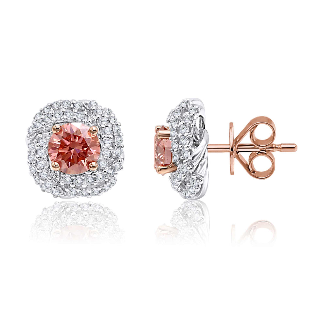 2.00CTTW Pink and White Lab-Created Diamond Rounded Square Stud Earrings in 14K White & Rose Gold
