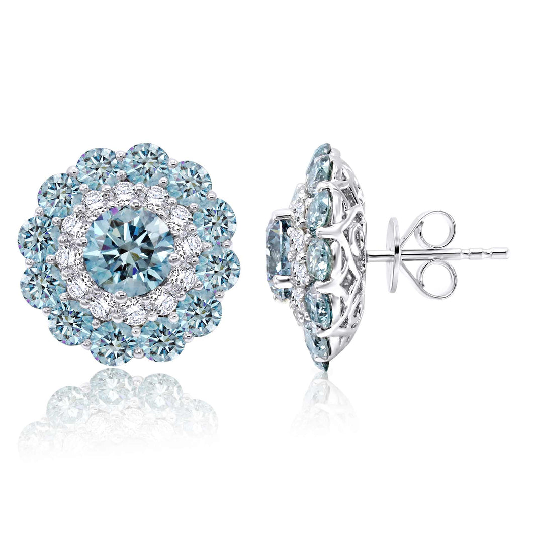 7.55 ctw. Ice Blue and White Lab-Created Diamond Flower Stud Earrings in 14K White Gold