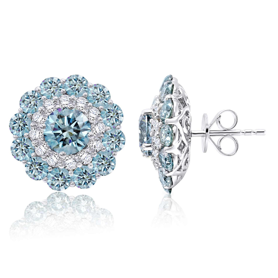 7.55CTTW Ice Blue and White Lab-Created Diamond Flower Stud Earrings in 14K White Gold
