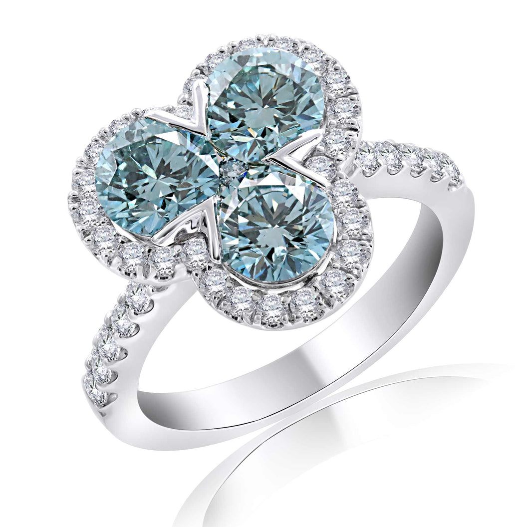 2.90 ctw. Ice Blue and White Lab-Created Diamond 3 Stone Flower Ring in 14K White Gold