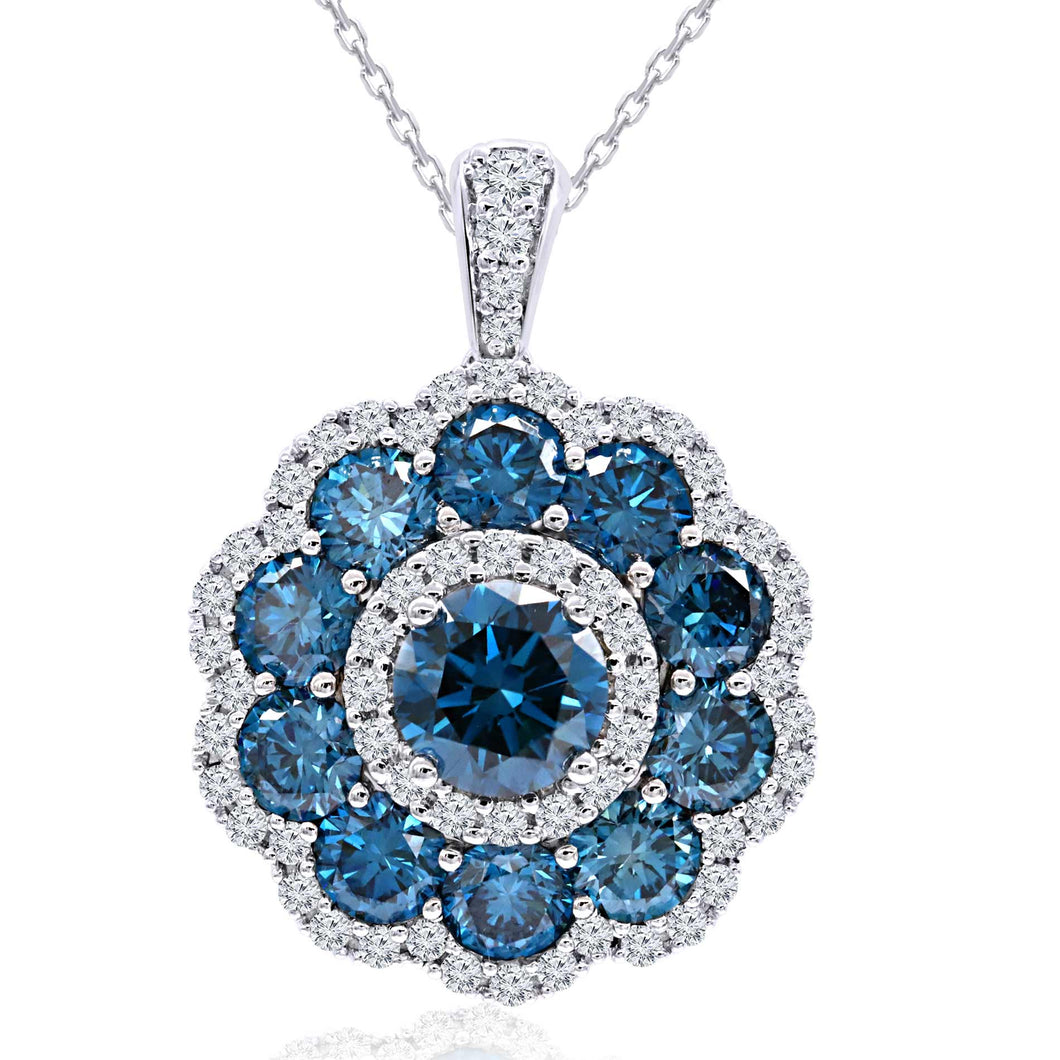 4.55CTTW Royal Blue and White Lab-Created Diamond Flower Pendant in 14K White Gold
